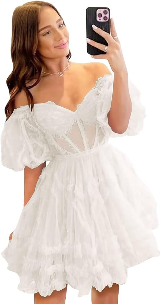 Toreque Tulle Homecoming Dresses 2023 Puffy Sleeves Layered Short Dresses Formal Cocktail Party G... | Amazon (US)
