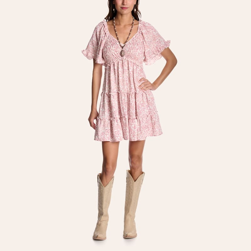 Yura Women's White & Pink Floral Print Smocked Tiered V-Neck Mini Dress | Cavender's