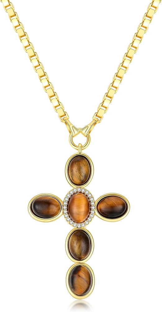 NUZON 14K Gold Plated Gemstone Cross Pendant Necklace for Women Turquoise/Tiger Eye/Amethyst/Obsi... | Amazon (US)