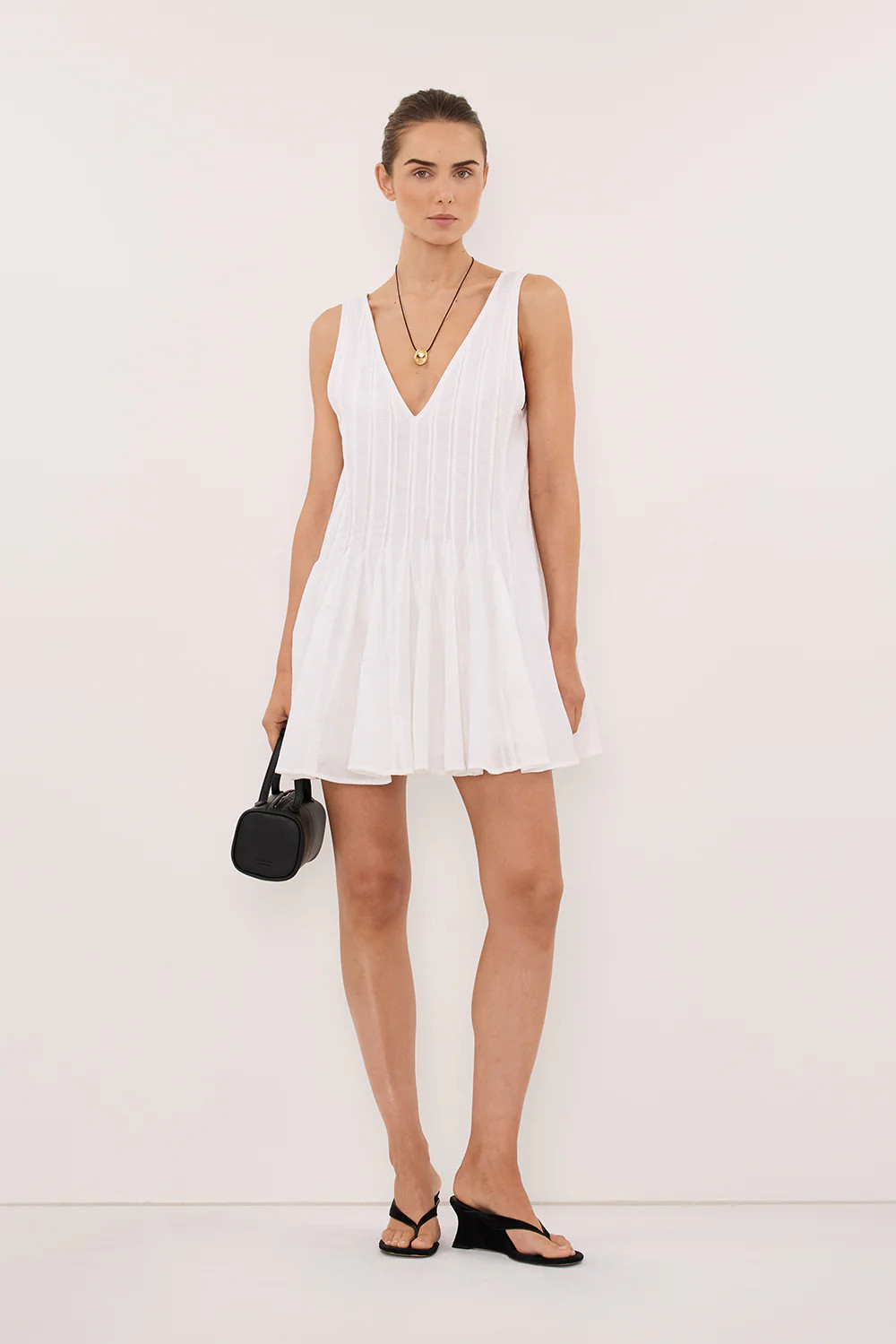 PIXIE WHITE LINEN MINI GODET DRESS | DISSH