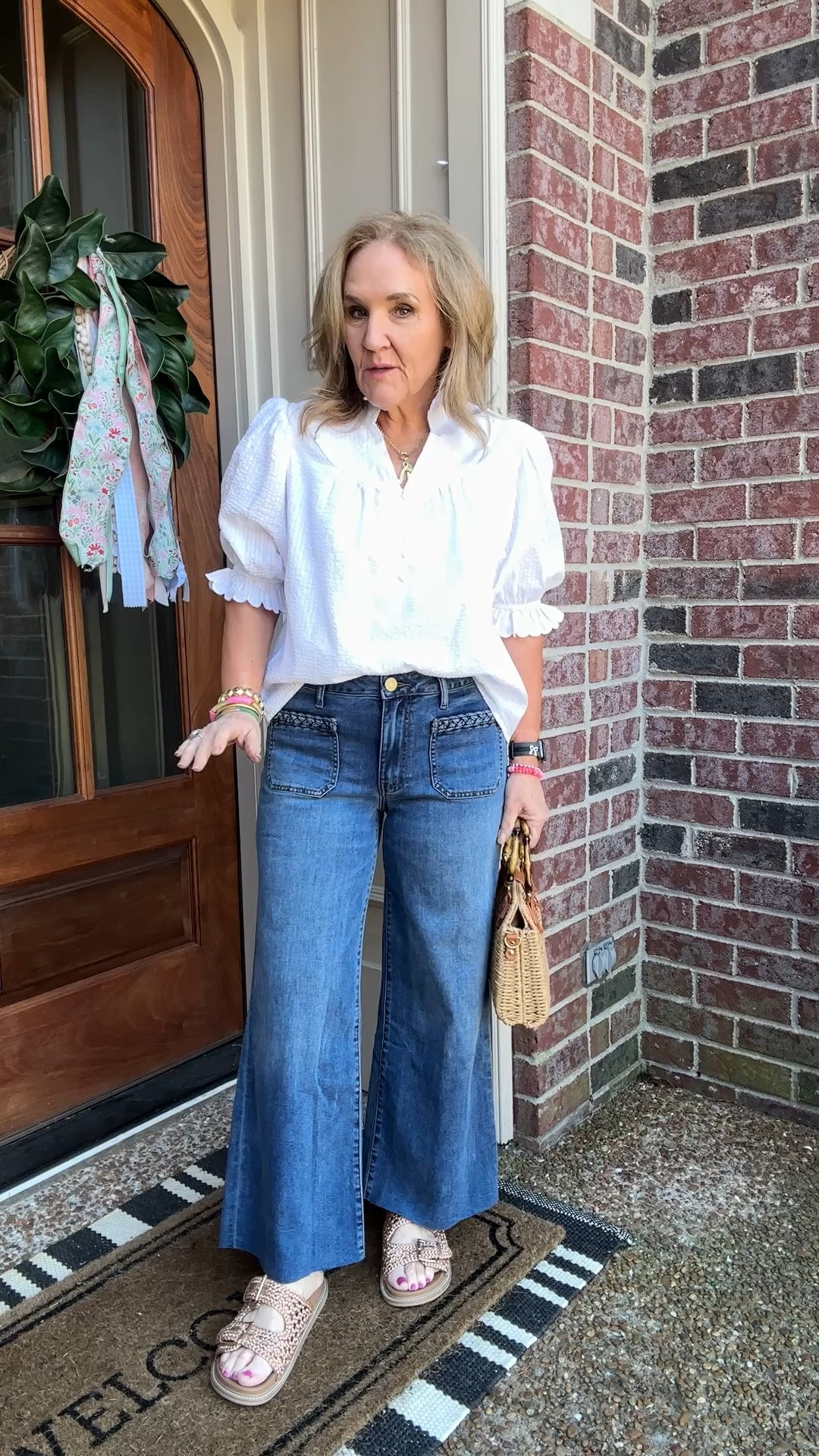 Blouse size medium 
Jeans size 28 my reg size is 29. They’re just really stretchy. 
15% off code NANETTE15

Spring white blouse spring jeans wide leg denim 

#LTKWatchNow #LTKFindsUnder100 #LTKOver40