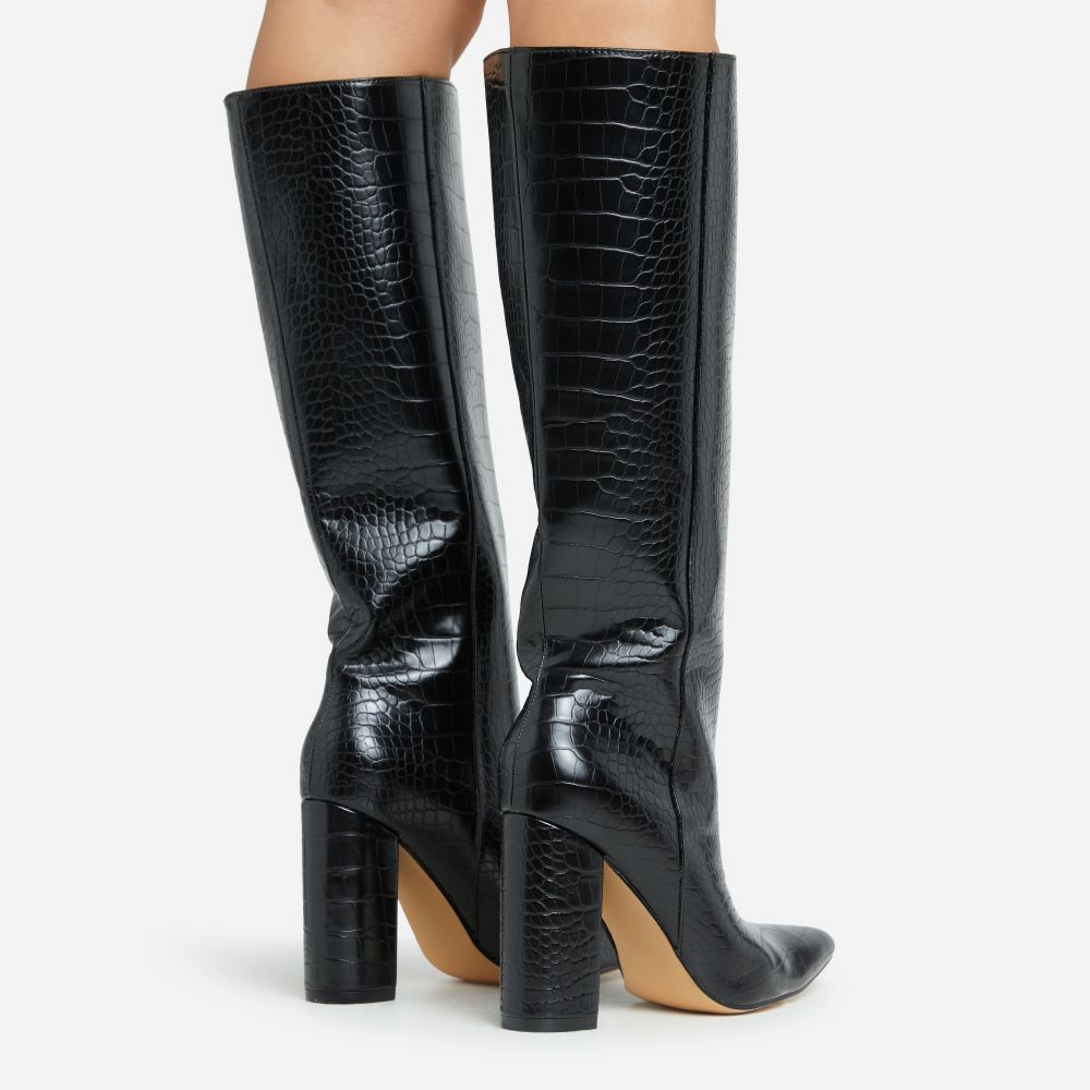 Louise Pointed Toe Block Heel Knee High Long Boot In Black Croc Print Faux Leather | EGO (UK)