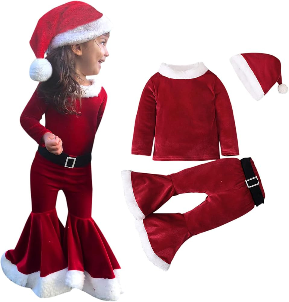 Toddler Baby Girls Christmas Long Sleeve Velvet Tops Xmas Toddler Baby Bell Bottoms Flare Jumpsui... | Amazon (US)