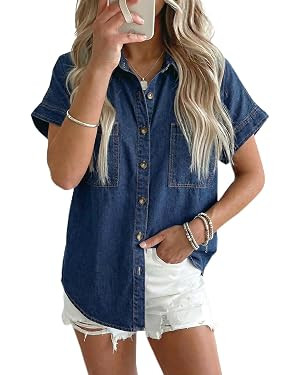 Sidefeel Women's Button Down Denim Shirt Short Sleeve Jean Shirt | Amazon (US)