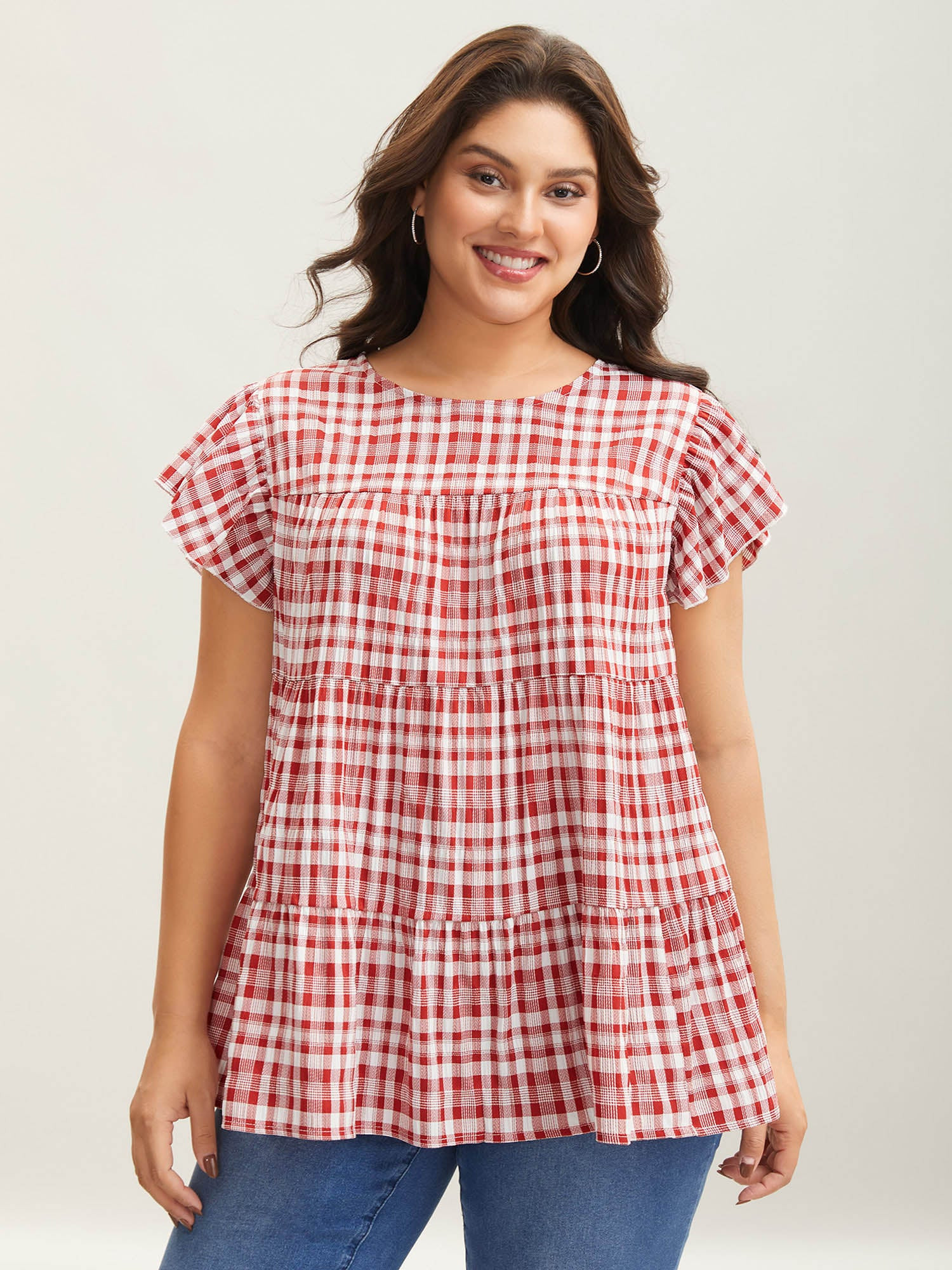 Plaid Print Textured Lotus Leaf Sleeve Shirt | Bloomchic