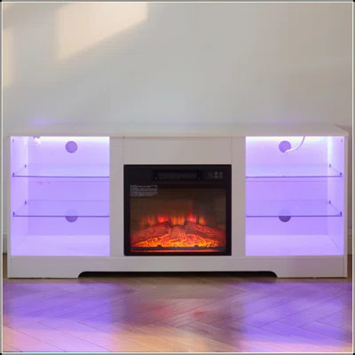TV Stand Electric Fireplace Glass Shelves, 3D Fireplace TV Stand With LED Lights Wood With USB Charging Outlet Modern Television Table Center For TV U | Wayfair North America