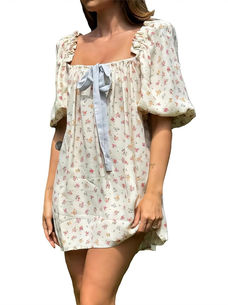 hibshaby Women's Babydoll Short Dress Puff Sleeve Cute Tie Mini Dress Floral Sundress | Amazon (US)