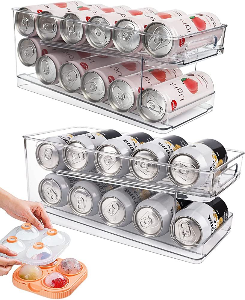 Zyerch 2 Pack Rolling Soda Can Dispenser for Refrigerator with 1 Pack Ice Ball Maker, Pantry Orga... | Amazon (US)