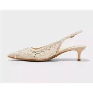 Women's Gigi Embellished Slingback Kitten Heels A New Day Beige Cream 8.5 Sequin | Poshmark