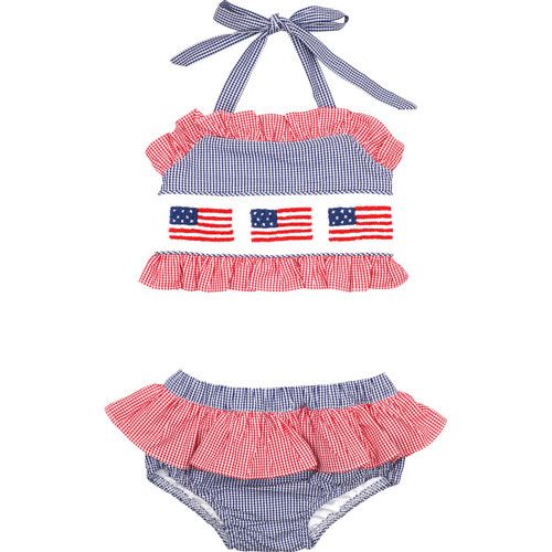 Navy And Red Gingham Smocked Flag Bikini | Cecil and Lou