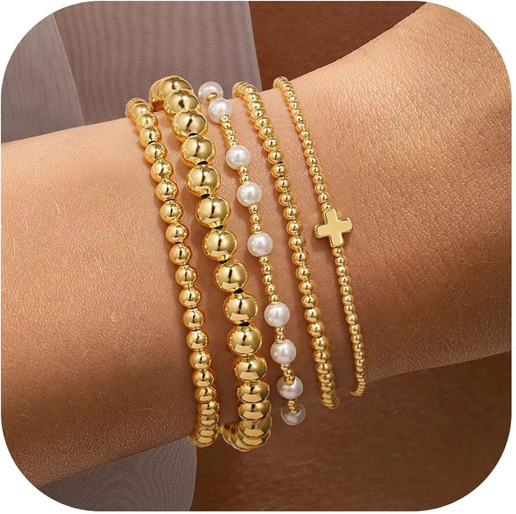 Yoosteel Gold Beaded Bracelets Set for Women, 14K Gold Plated Dainty Round Bead Ball Pearl Cross ... | Amazon (US)