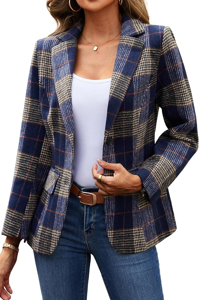 ELLEVEN Women's Lapel Collar Plaid 2 Button Boyfriend Blazer Suit Houndstooth Work Office Blazer ... | Amazon (US)
