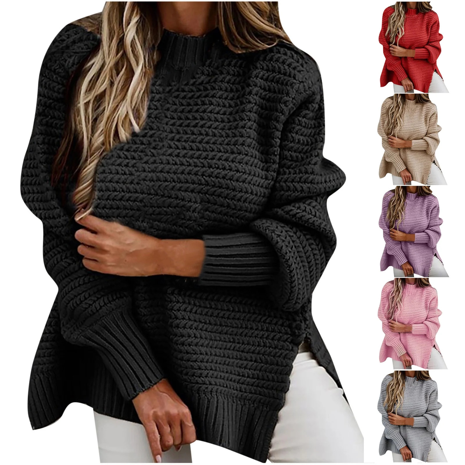 CHGBMOK Fall Sweaters Women Solid Color Long Sleeve O Neck Pullover Sweater Tops Black | Walmart (US)