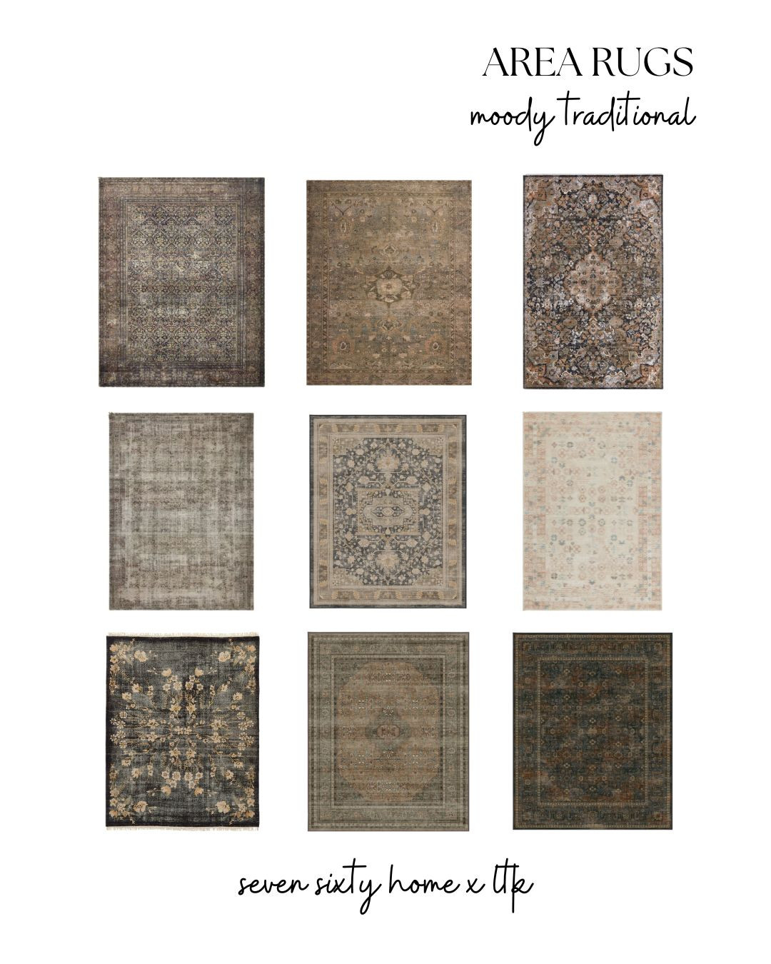 Rugs are the quiet anchor of a room, the piece that holds everything else in place. This collection leans into moody traditional area rugs with softened patterns, timeworn palettes, and a lived-in quality that makes a space feel settled rather than styled.

Muted florals, classic medallions, and gently distressed designs work beautifully in living rooms, bedrooms, dining spaces, and hallways where you want warmth without visual noise. These rugs ground dark wood furniture, balance deeper wall colors, and add texture underfoot without pulling attention away from the rest of the room.

Each option here was chosen for its ability to layer seamlessly into traditional and cottage-inspired homes, especially spaces that favor restraint, patina, and quiet contrast over crisp perfection. Think rooms that feel collected over time, where nothing feels new but everything feels intentional.

Linked for sizing, colorways, and placement ideas to help you find the right foundation for your space. 

 #LTKHome