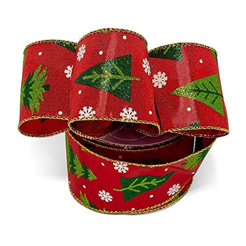 Bright Red Christmas Trees Ribbon - 2 1/2" x 10 Yards, Wired Edge, White Snowflakes, Gold Stitched Edges, Glitter, Decor for Wreaths, Garlands, Gift Bows | Amazon (US)
