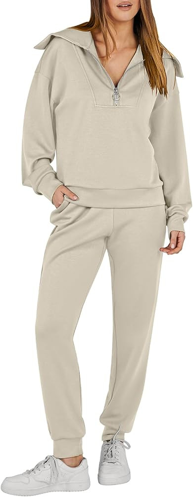 ANRABESS Women 2 Piece Outfits Sweatsuit Set Fall Fashion Half Zip Sweatshirt Jogger Sweatpants L... | Amazon (US)