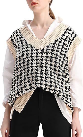 SAFRISIOR Oversized Houndstooth Knitted Vest Sweater Vintage V Neck Loose Sleeveless Sweater | Amazon (US)