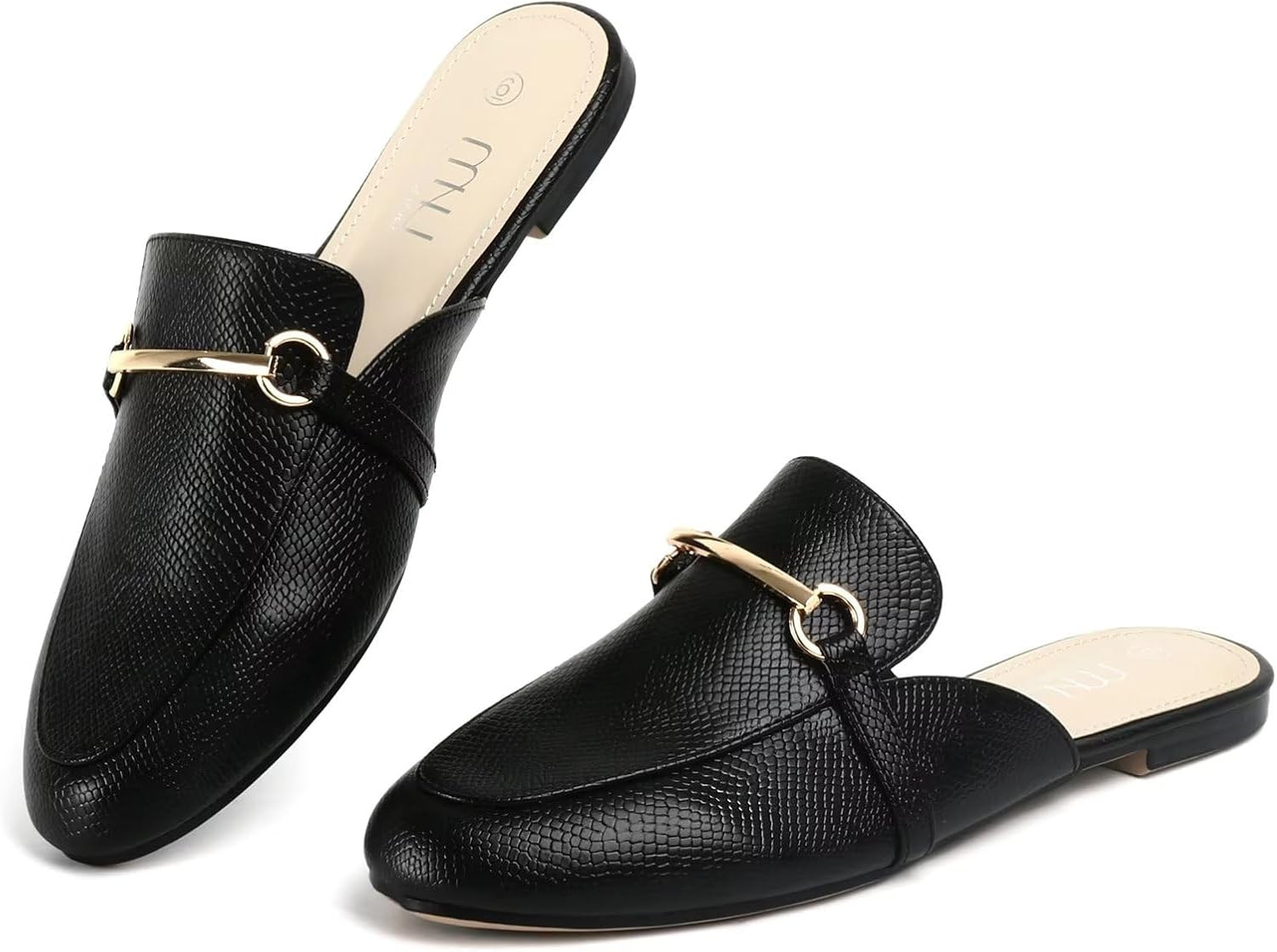 MUSSHOE Gold Buckle Mules for Women - Comfortable Memory Foam Loafers, Classy Slip On Flats for Office Business Casual, Dressy Pointed Toe Shoes | Amazon (US)