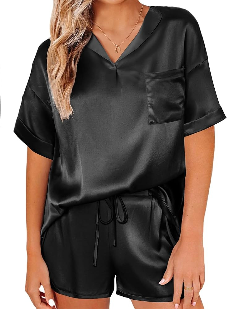 Ekouaer Women's Satin Pajama Sets Silk V-Neck Sleepwear 2 Piece PJ Sets | Amazon (US)
