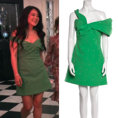 Crystal Kung Minkoff’s Green Embellished Off The Shoulder Dress