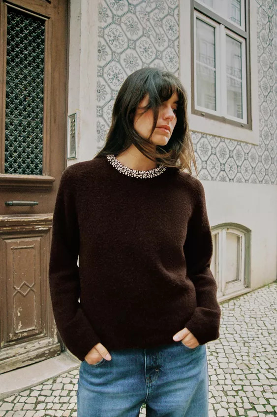 JEWEL BEADED NECK KNIT JUMPER | Zara UK