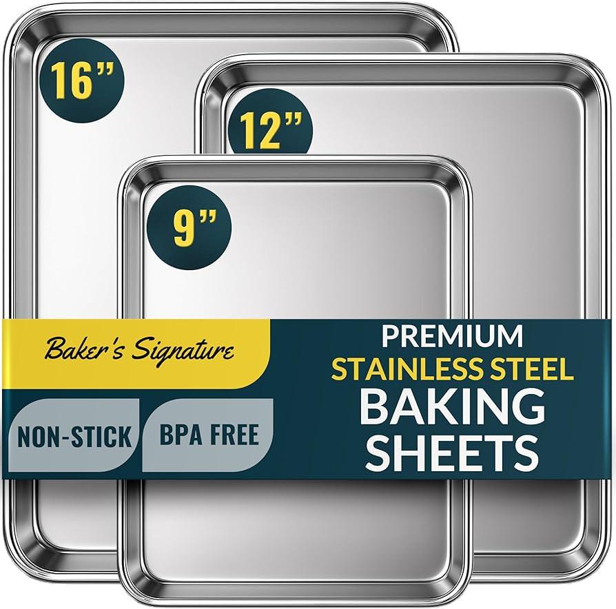 Baker’s Signature Stainless Steel Cookie Sheet Pan, Stainless Steel Baking Sheet Set of 3, Mirr... | Amazon (US)