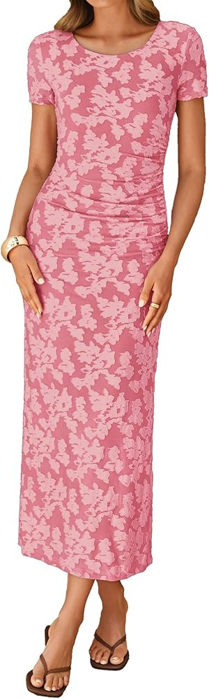 ZESICA Women's 2026 Summer Floral Bodycon Dress Short Sleeve Ruched Mesh Wedding Guest Cocktail P... | Amazon (US)