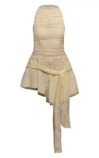 Lemon PrettyLittleThing Lace Sheer Asymmetric Mini Dress | Boohoo | Boohoo.com (UK & IE)