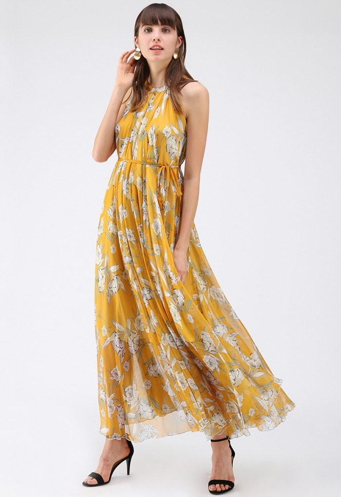 Flower Season Chiffon Maxi Slip Dress in Yellow | Chicwish