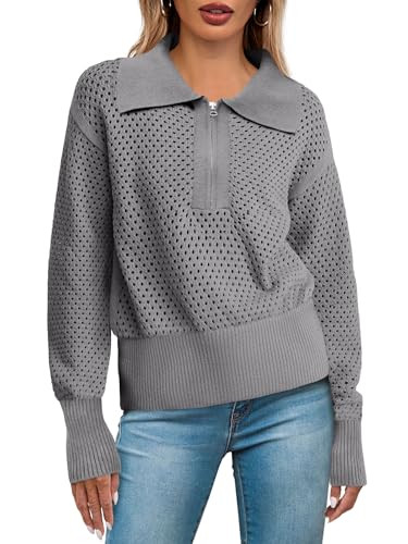 Doshoop Women's Half Zip Pullover Sweaters Lapel Collar Long Sleeve Knit Solid Color Jumper Tops | Amazon (US)