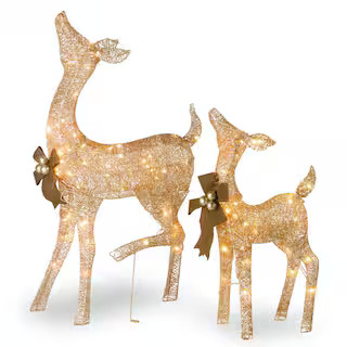 38 in. and 28 in. Fawn and Doe Decoration with Clear Lights | The Home Depot