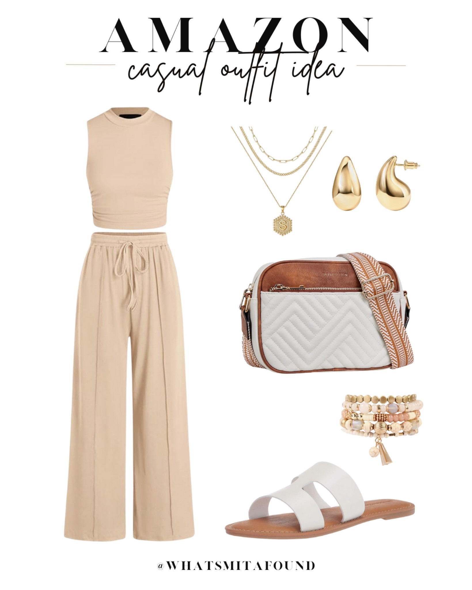 Amazon outfit idea, casual outfit idea, spring outfit idea, neutral outfit idea, two piece set, matching set, beige set, trendy matching set, trendy two piece set, white sandals, spring sandals, colorblock purse, crossbody purse, neutral purse, layered necklaces, initial necklace, chunky hoops, beaded bracelets, bracelet set

#LTKitbag #LTKshoecrush #LTKfindsunder50