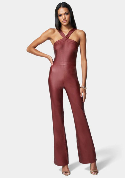 Wide Leg Snap Detail Coated Denim Jumpsuit | Bebe