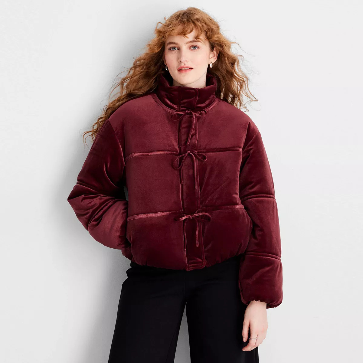 Women's Velvet Bow-Tie Puffer Jacket - Future Collective Burgundy | Target
