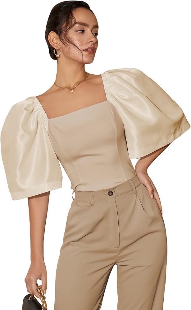 Floerns Women's Square Neck Puff Short Sleeve Elegant Blouse Crop Top | Amazon (US)