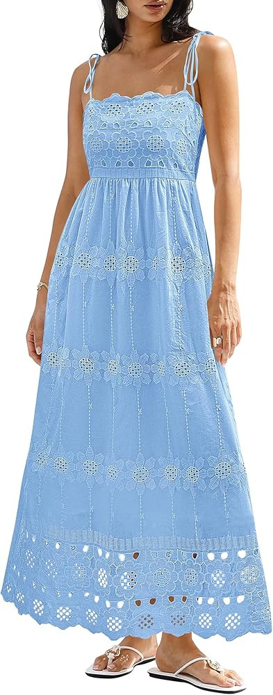 dowerme Womens Summer Maxi Dresses 2026 Casual Spaghetti Strap Smocked Eyelet Cotton Dress Long B... | Amazon (US)