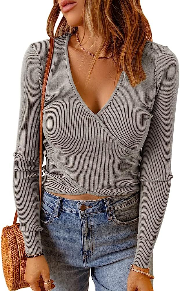 PRETTYGARDEN Women's Long Sleeve Crop Sweaters V Neck Pullover Ribbed Knit Slim Fitted Shirts Asy... | Amazon (US)
