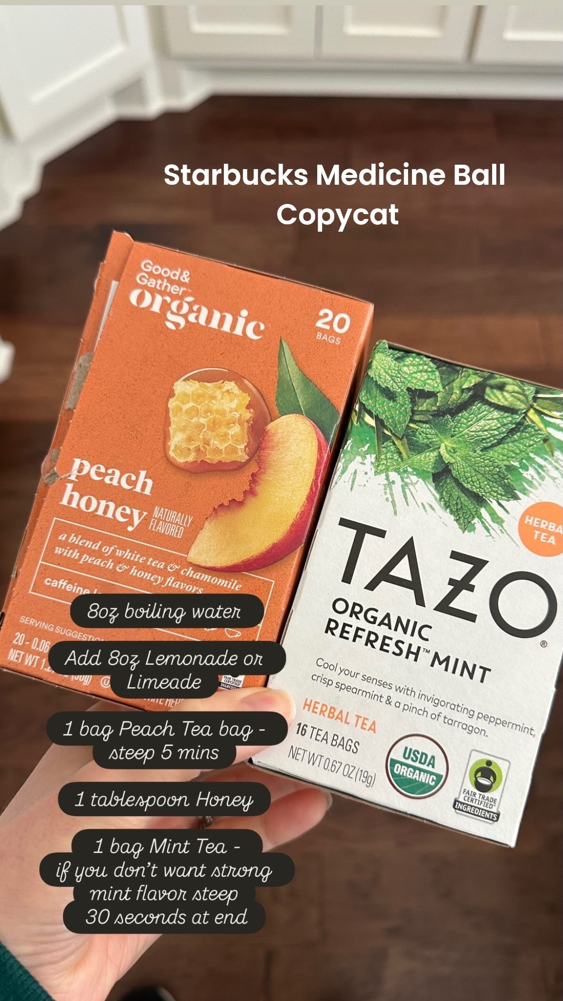 A Starbucks Medicine Ball Copycat recipe I make for my husband when he’s sick. 

🍋 8oz of lemonade or limeade - I tagged our favorite brand

💧Add 8 oz boiling water to the lemonade in the mug.

🍯 Stir in one tablespoon of honey.

🤎 Add peach tea bag and allow to steep for 5 minutes, or desired strength.  

🍃 Add Mint tea bag to steep for 30 seconds (more or less) depending on the strength of mint you prefer. 

Then it’s ready to enjoy! 




#LTKfoodie #LTKdayinmylife #LTKselfcare