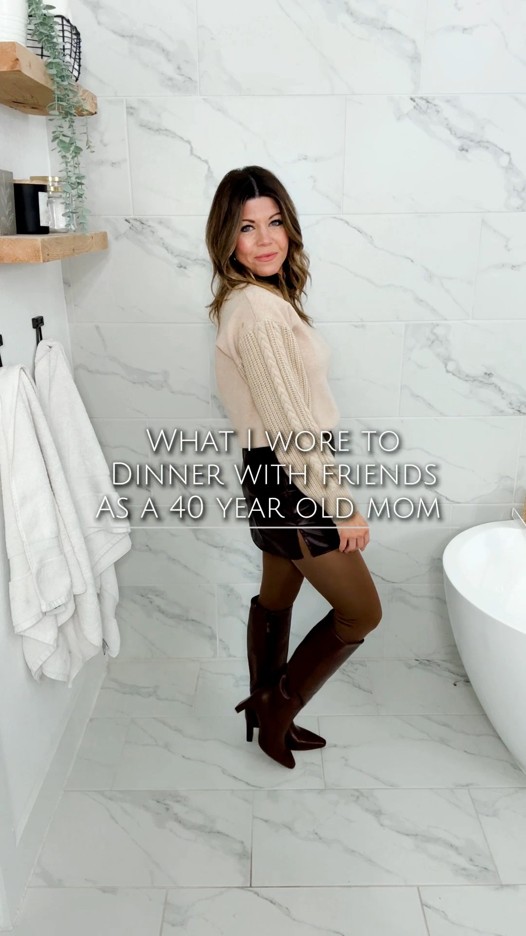 A brown moment for dinner with friends. Neutral doesn’t mean boring! Wearing a size Small in the tops, skirt and fleece tights. Boots fit true to size! 

#LTKOver40 #LTKootd #LTKgrwm