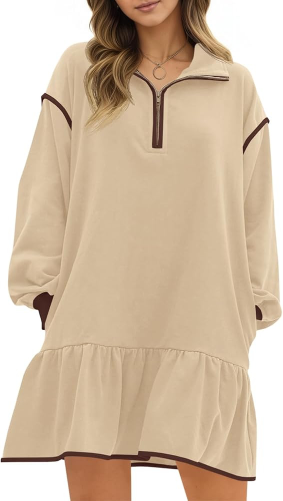 Wenrine Womens 2025 Fall Oversized Sweatshirt Dress Casual Long Sleeve Quarter Zip Ruffle Hem Pul... | Amazon (US)