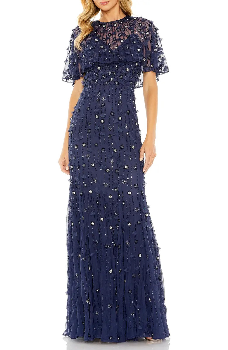 Women's Embellished Illusion Cape Sleeve Trumpet Gown | Nordstrom