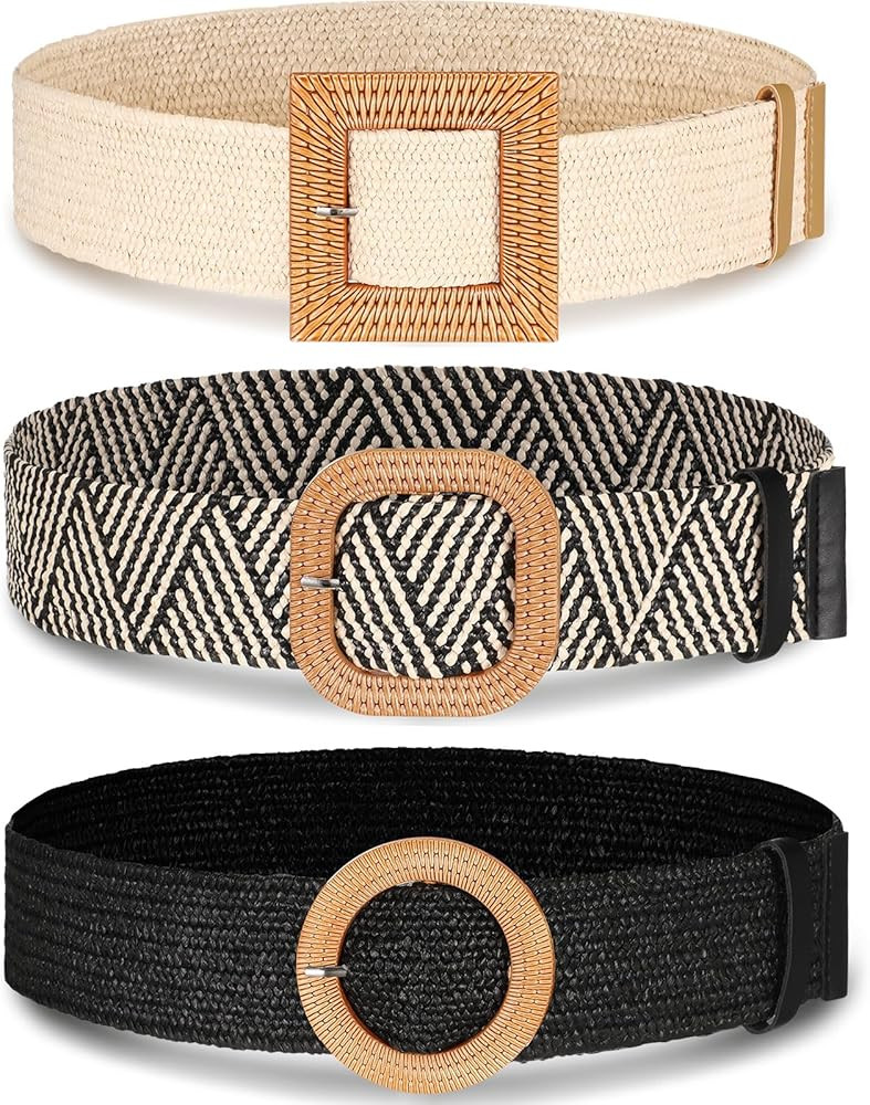 Syhood 3 Pieces Straw Woven Elastic Waist Belt for Women Bohemian Dress Braided Belt | Amazon (US)