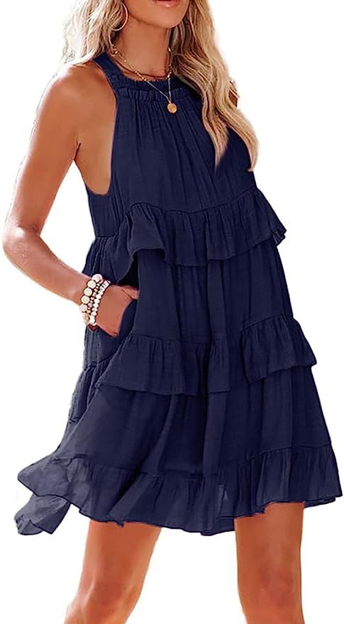 R.Vivimos Women's Summer Dress Boho Sleeveless Halter Layered Ruffle Casual Swing Mini Dress with... | Amazon (US)