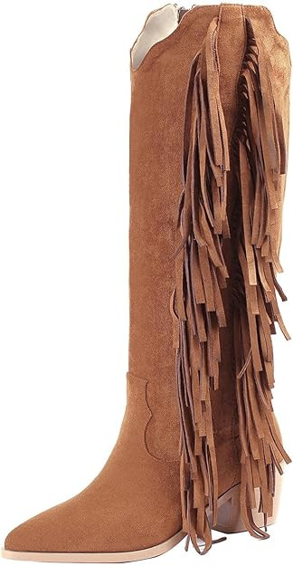 KiutSymo Cowgirl Fringe Boots For Women White Tassels Cowboy Boots Knee High Pointed Toe Western ... | Amazon (US)