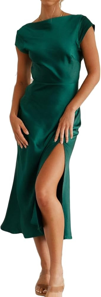 Women's Summer Satin Elegance Backless Twist Cap Sleeves Midi Dress 2023 Sexy Cowl Neck Slit Cock... | Amazon (US)