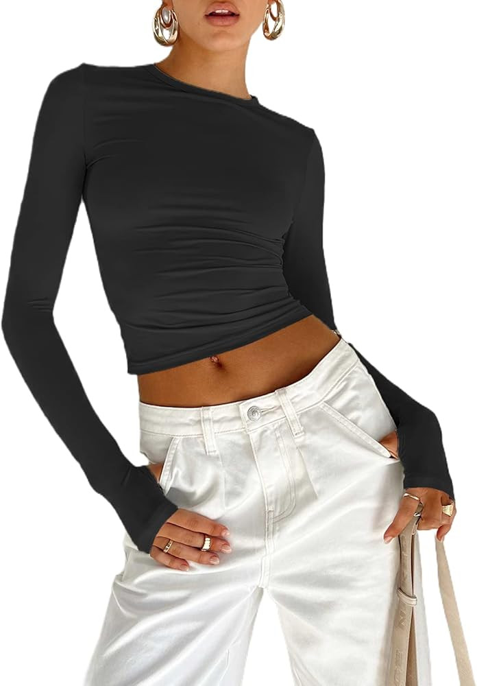 ROAONOCOMO Sexy Slim Fit Long Sleeve Tops for Women Round Neck Skinny Crop Shirts Basic Pullover ... | Amazon (US)