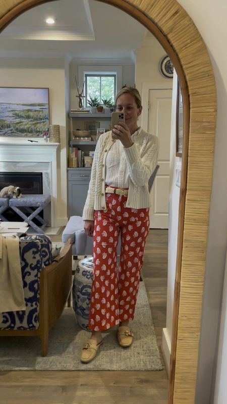 Raffia belt, wide leg pants (old print of the Colette pants, which is linked), favorite gauze button down, cable knit cardigan, raffia mules.

#LTKshoecrush #LTKfindsunder50 #LTKVideo