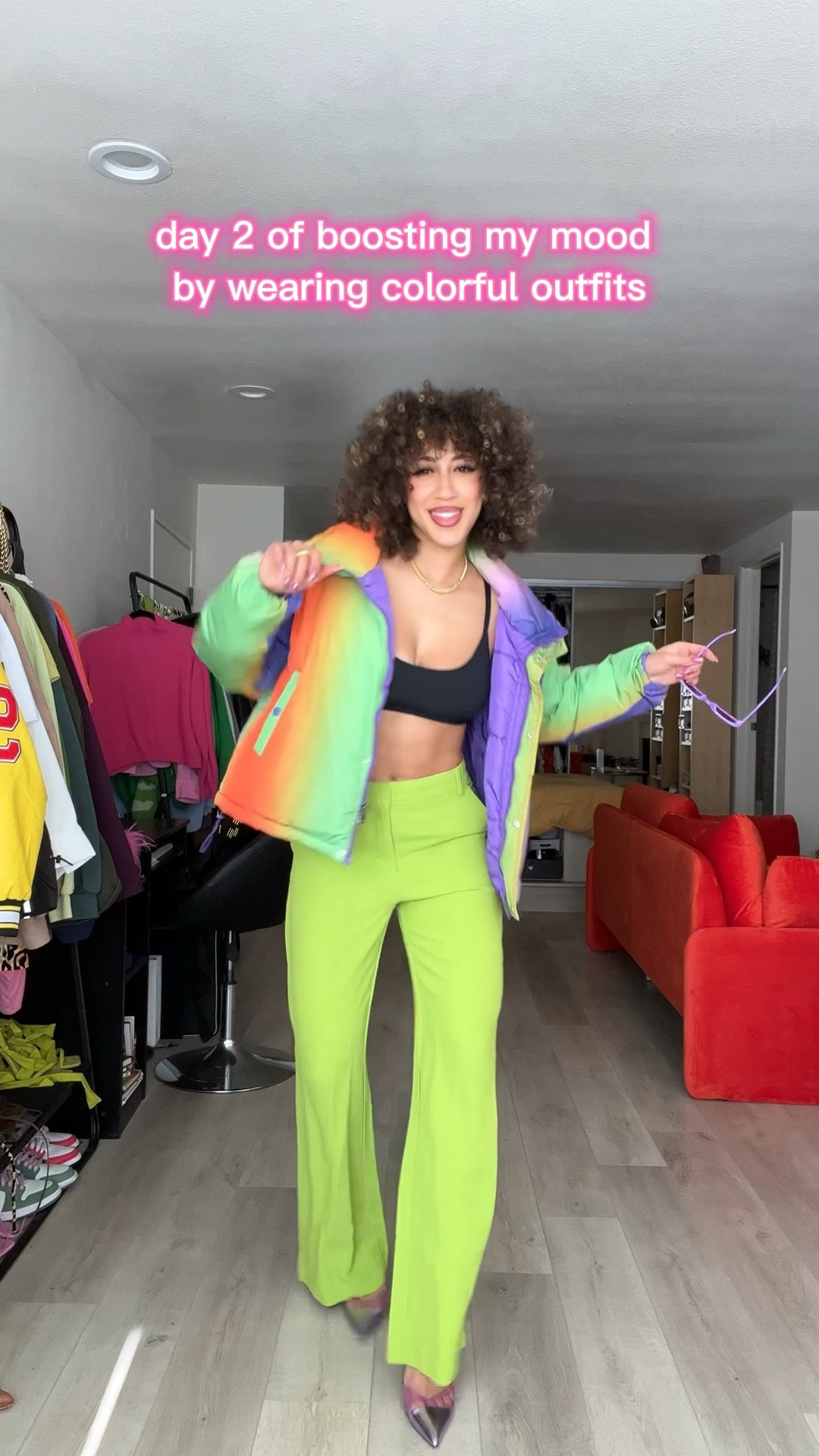 colorful jacket: Urban Outfitters
green pants: Zara
purple heels: Zara 
jeans: zara
purple sweater: shein 