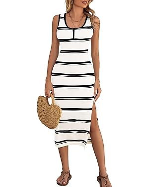 Dressystar Women's Summer Scoop Neck Bodycon Sundresses 2025 Sleeveless Casual Striped Side Slit ... | Amazon (US)