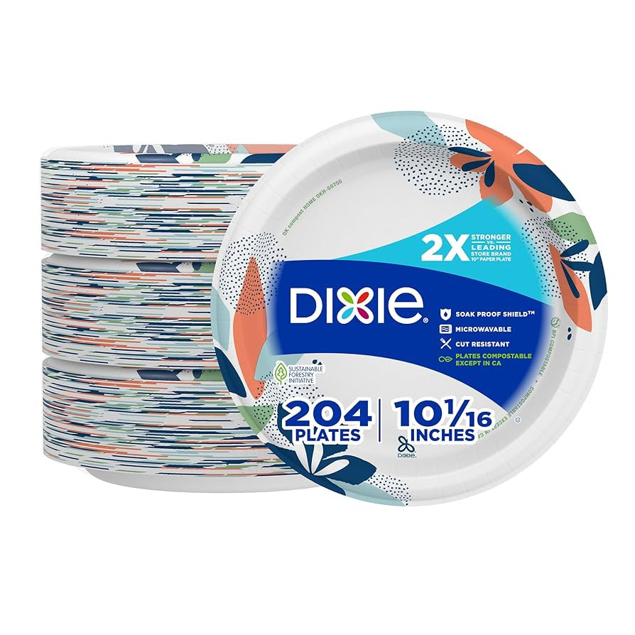 Dixie Large Paper Plates, 10 Inch, 204 Count, 2X Stronger*, Microwave-Safe, Soak-Proof, Cut Resis... | Amazon (US)
